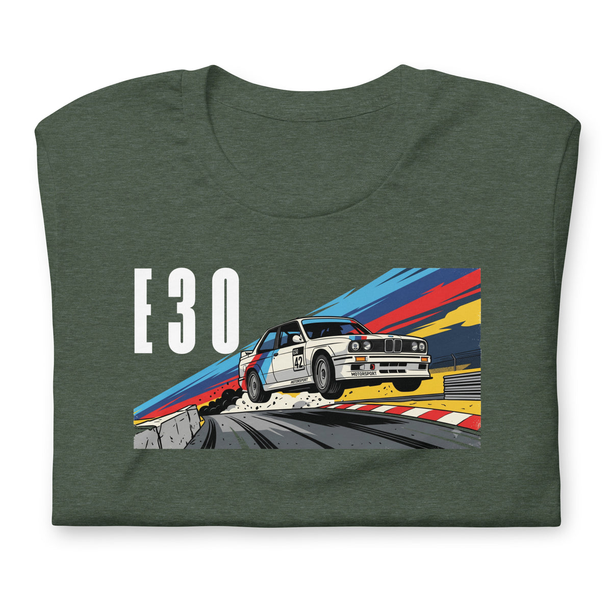 E30 Touring Car Tee — Group A Heritage graphic t-shirt, Heather Forest front view (4) — Marque automotive apparel