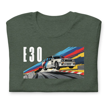E30 Touring Car Tee — Group A Heritage graphic t-shirt, Heather Forest front view (4) — Marque automotive apparel