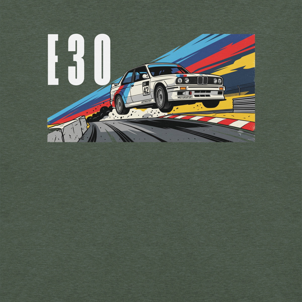 E30 Touring Car Tee — Group A Heritage graphic t-shirt, Heather Forest front view (5) — Marque automotive apparel
