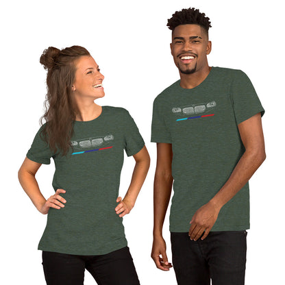 Twin Grille Tee — Tricolor Stripes graphic t-shirt, Heather Forest front view (4) — Marque automotive apparel