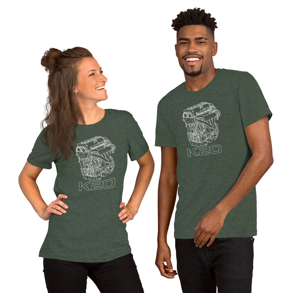 K20 Blueprint Tee — High-Rev Inline-Four graphic t-shirt, Heather Forest front view (3) — Marque automotive apparel