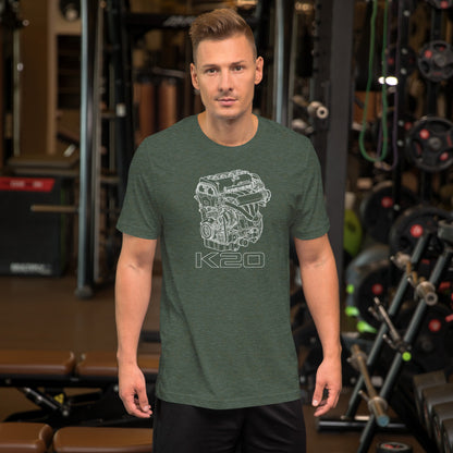 K20 Blueprint Tee — High-Rev Inline-Four graphic t-shirt, Heather Forest front view (2) — Marque automotive apparel