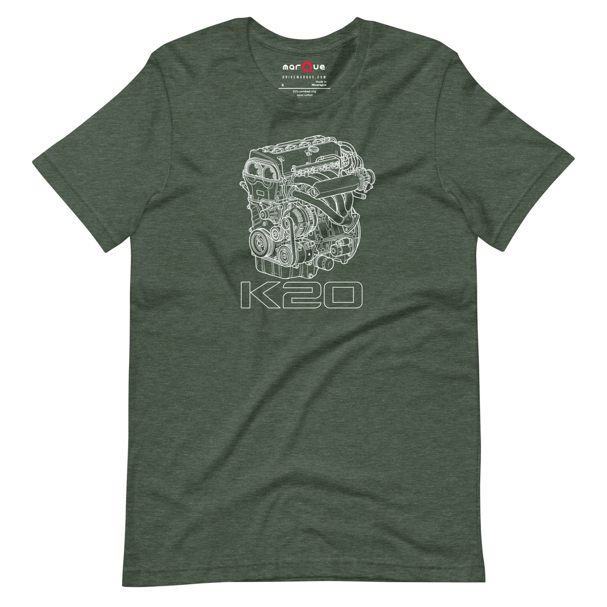 K20 Blueprint Tee — High-Rev Inline-Four graphic t-shirt, Heather Forest front view — Marque automotive apparel