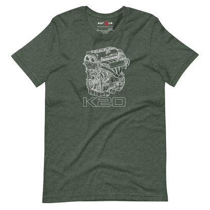 K20 Blueprint Tee — High-Rev Inline-Four graphic t-shirt, Heather Forest front view — Marque automotive apparel