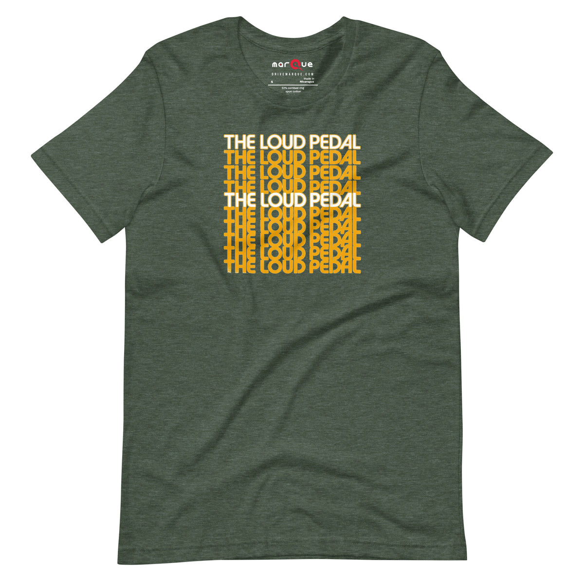 Loud Pedal Tee — Right Foot Down graphic t-shirt, Heather Forest front view — Marque automotive apparel