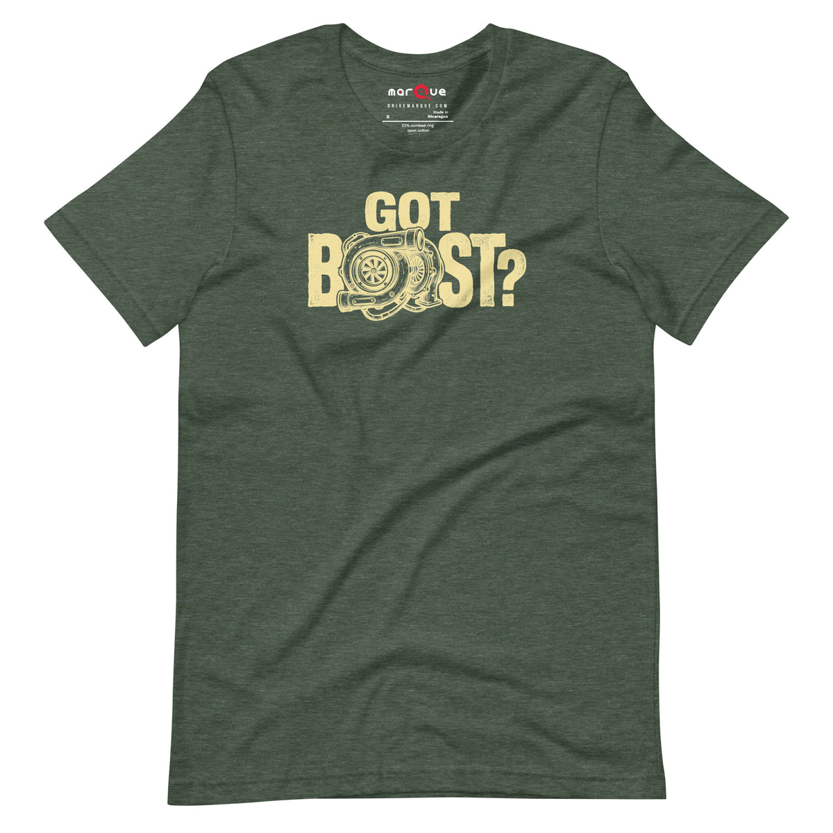 Got Boost tee, Heather Forest front view — Marque automotive apparel