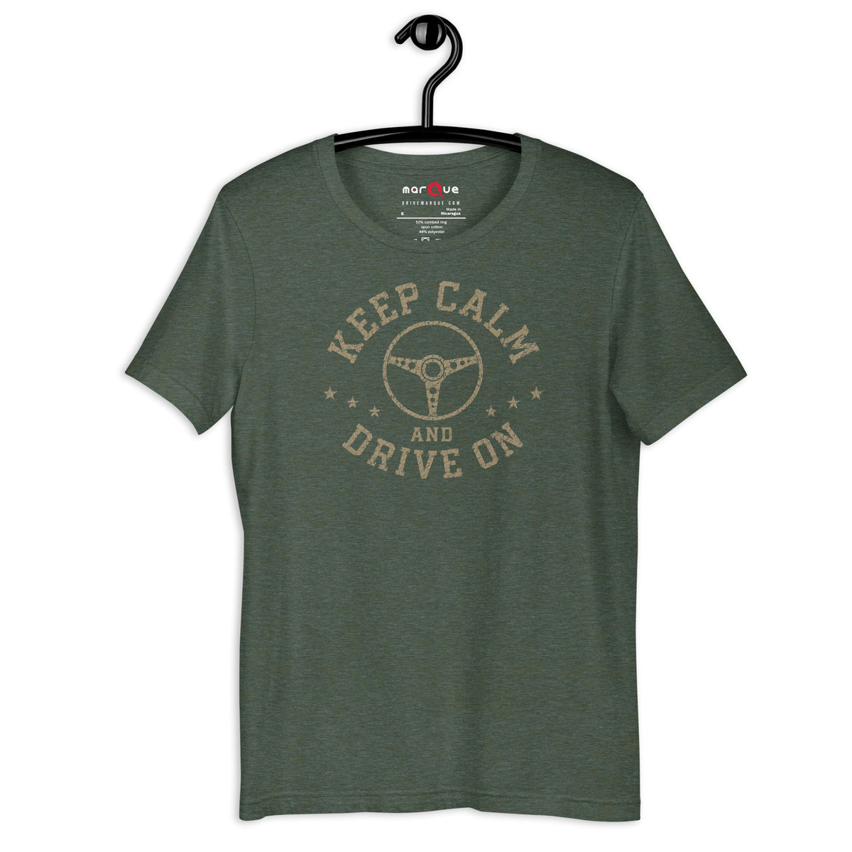 Keep Calm and Drive On Tee, Heather Forest front view (2) — Marque automotive apparel