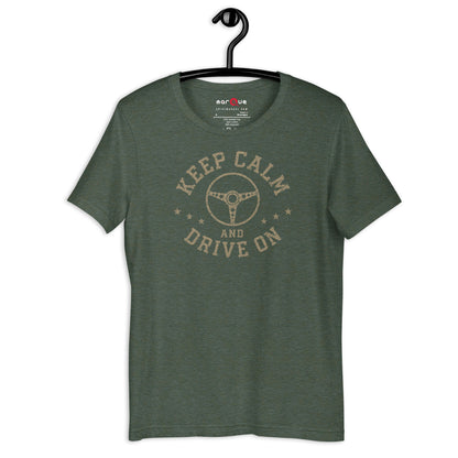 Keep Calm and Drive On Tee, Heather Forest front view (2) — Marque automotive apparel
