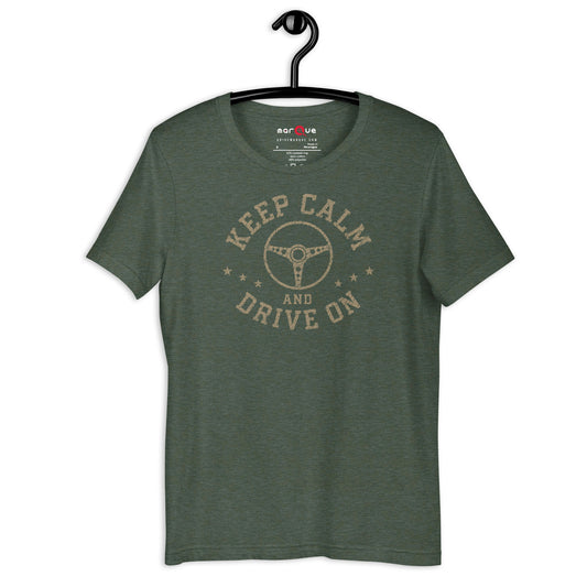 Keep Calm and Drive On Tee, Heather Forest front view (2) — Marque automotive apparel