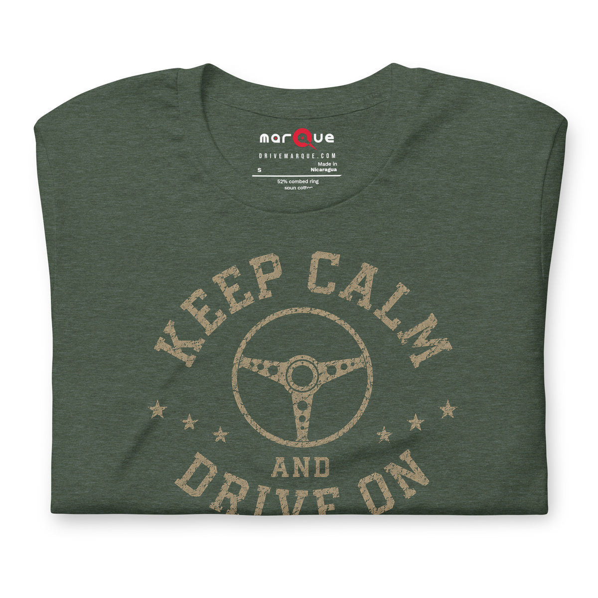 Keep Calm and Drive On Tee, Heather Forest front view (3) — Marque automotive apparel