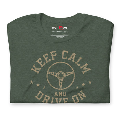Keep Calm and Drive On Tee, Heather Forest front view (3) — Marque automotive apparel