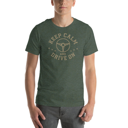 Keep Calm and Drive On Tee, Heather Forest front view — Marque automotive apparel