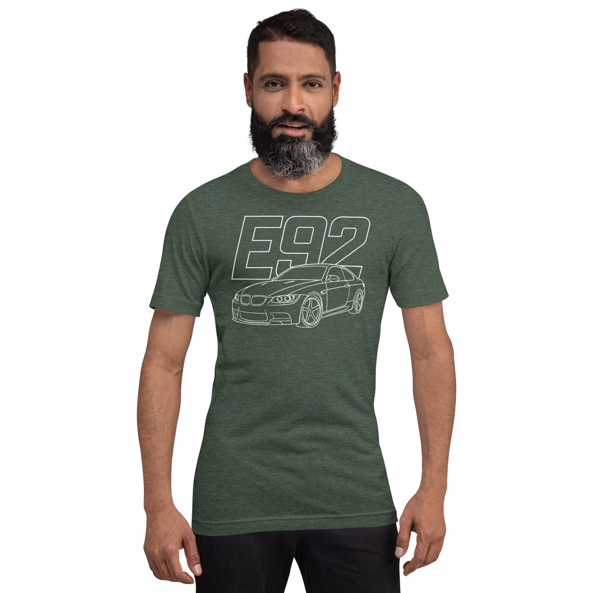 E92 Tee — Naturally Aspirated V8, Heather Forest front view (2) — Marque automotive apparel