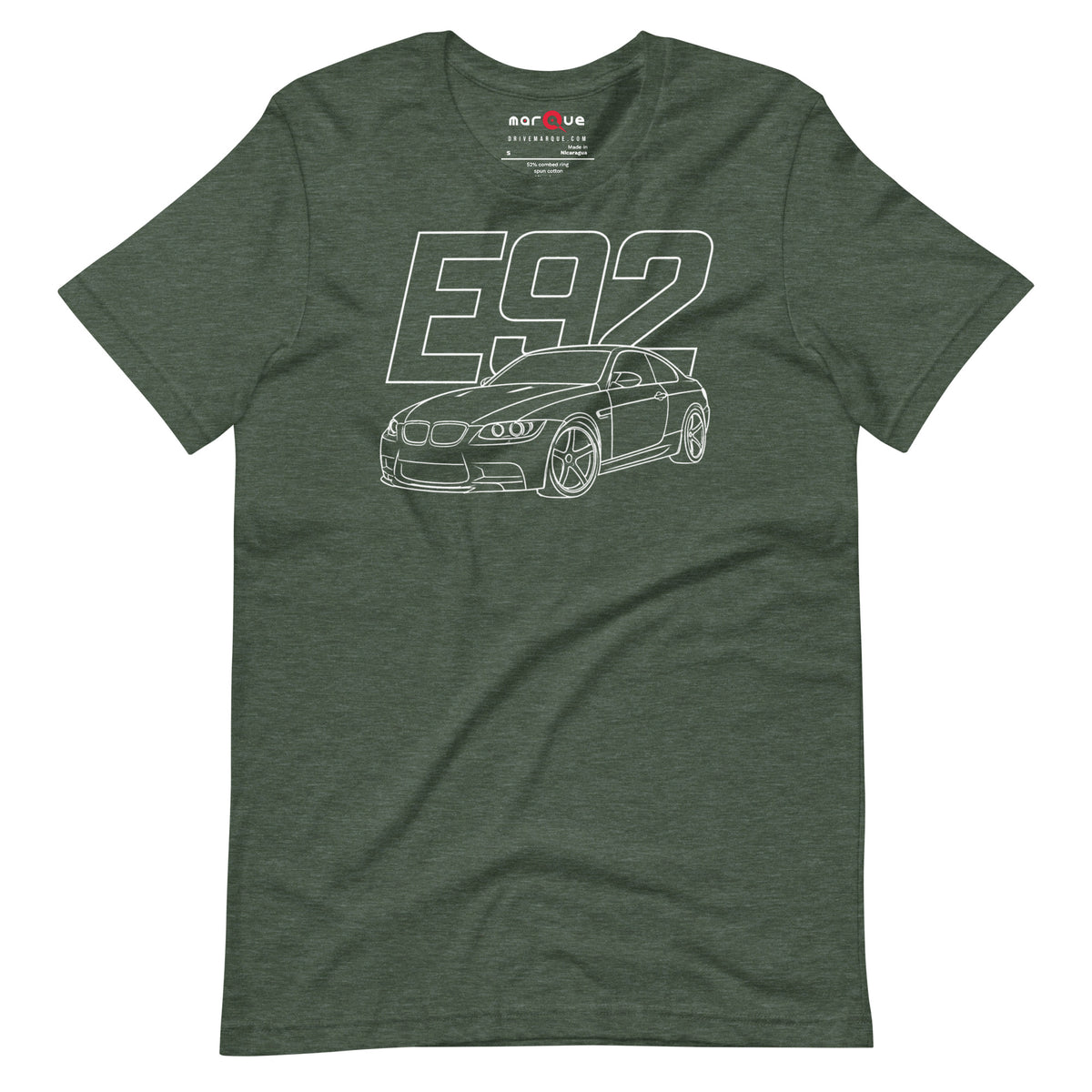E92 Tee — Naturally Aspirated V8, Heather Forest front view — rear three-quarter line study, Marque automotive apparel