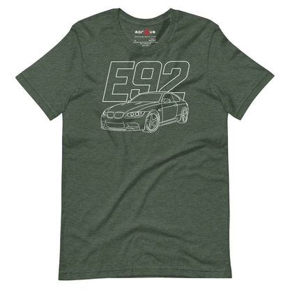 E92 Tee — Naturally Aspirated V8, Heather Forest front view — rear three-quarter line study, Marque automotive apparel
