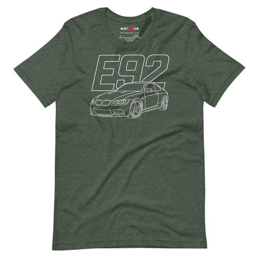 E92 Tee — Naturally Aspirated V8, Heather Forest front view — rear three-quarter line study, Marque automotive apparel
