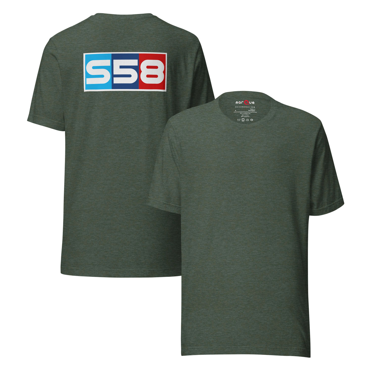 Bavarian Twin-Turbo Tee — S58 Straight-Six graphic t-shirt, Heather Forest front and back — Marque automotive apparel