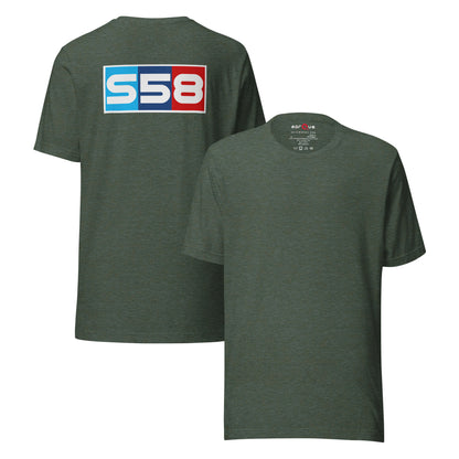 Bavarian Twin-Turbo Tee — S58 Straight-Six graphic t-shirt, Heather Forest front and back — Marque automotive apparel
