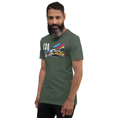 E30 Touring Car Tee — Group A Heritage graphic t-shirt, Heather Forest front view (6) — Marque automotive apparel