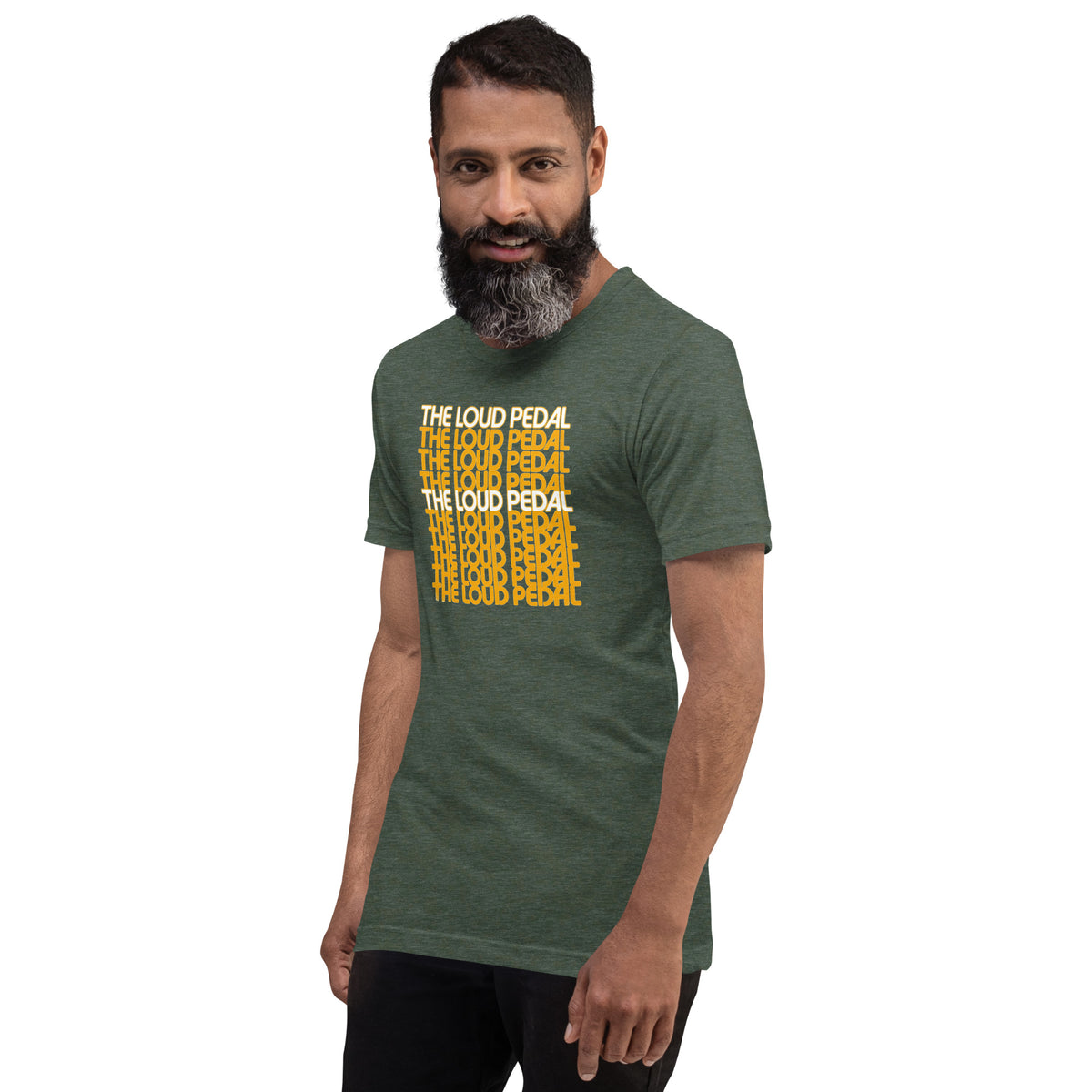 Loud Pedal Tee — Right Foot Down graphic t-shirt, Heather Forest angled front view — Marque automotive apparel