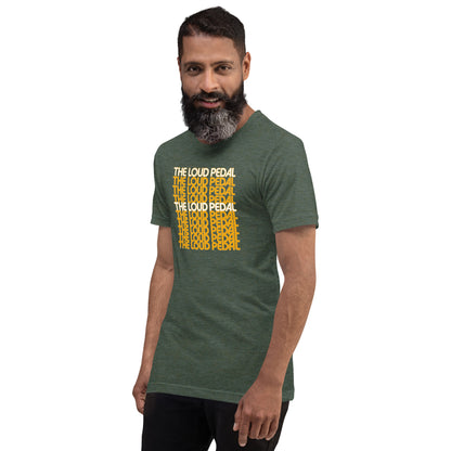 Loud Pedal Tee — Right Foot Down graphic t-shirt, Heather Forest angled front view — Marque automotive apparel