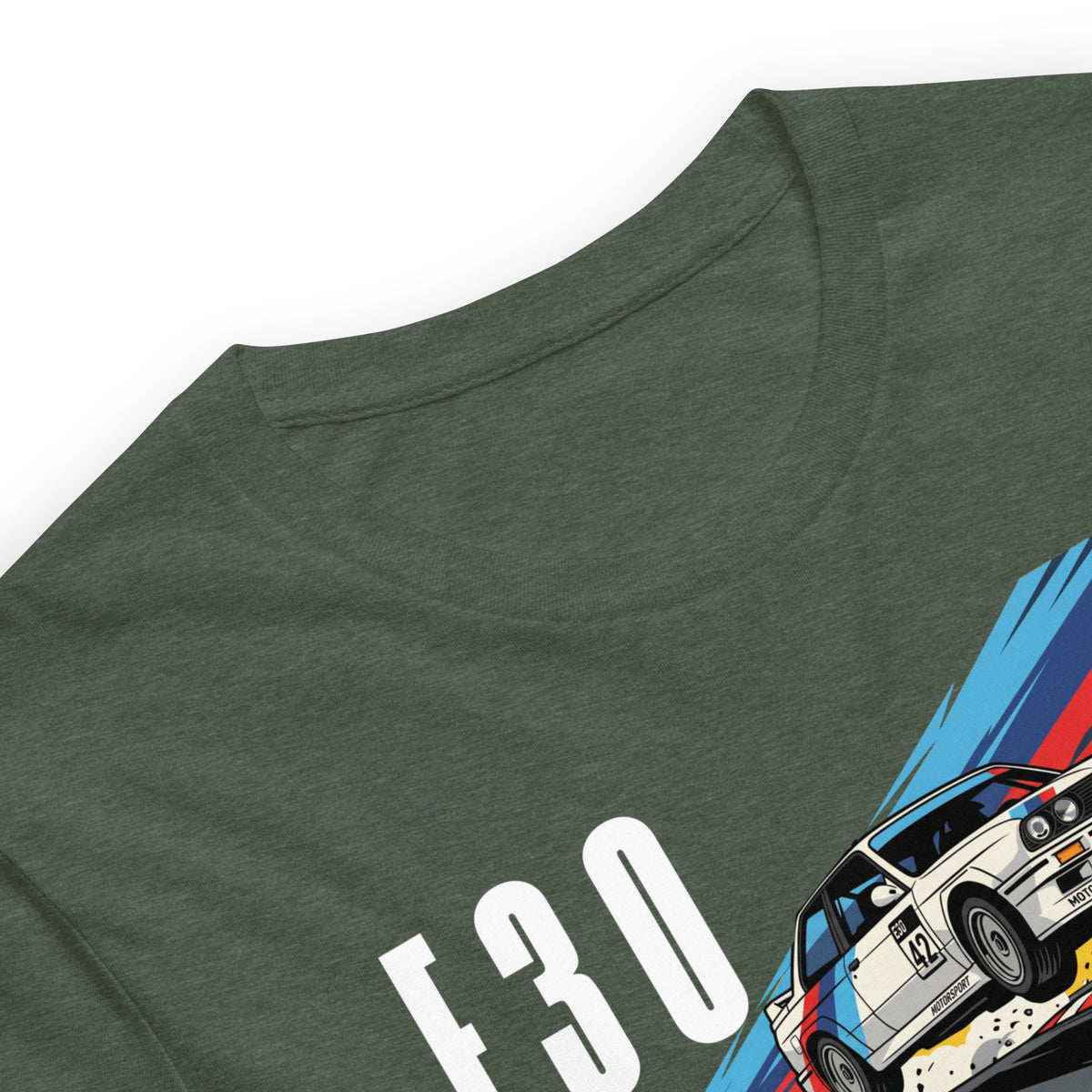 E30 Touring Car Tee — Group A Heritage graphic t-shirt, Heather Forest print detail — Marque automotive apparel