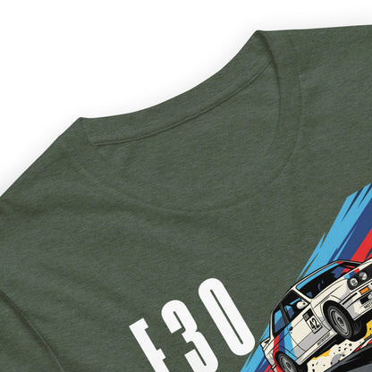 E30 Touring Car Tee — Group A Heritage graphic t-shirt, Heather Forest print detail — Marque automotive apparel