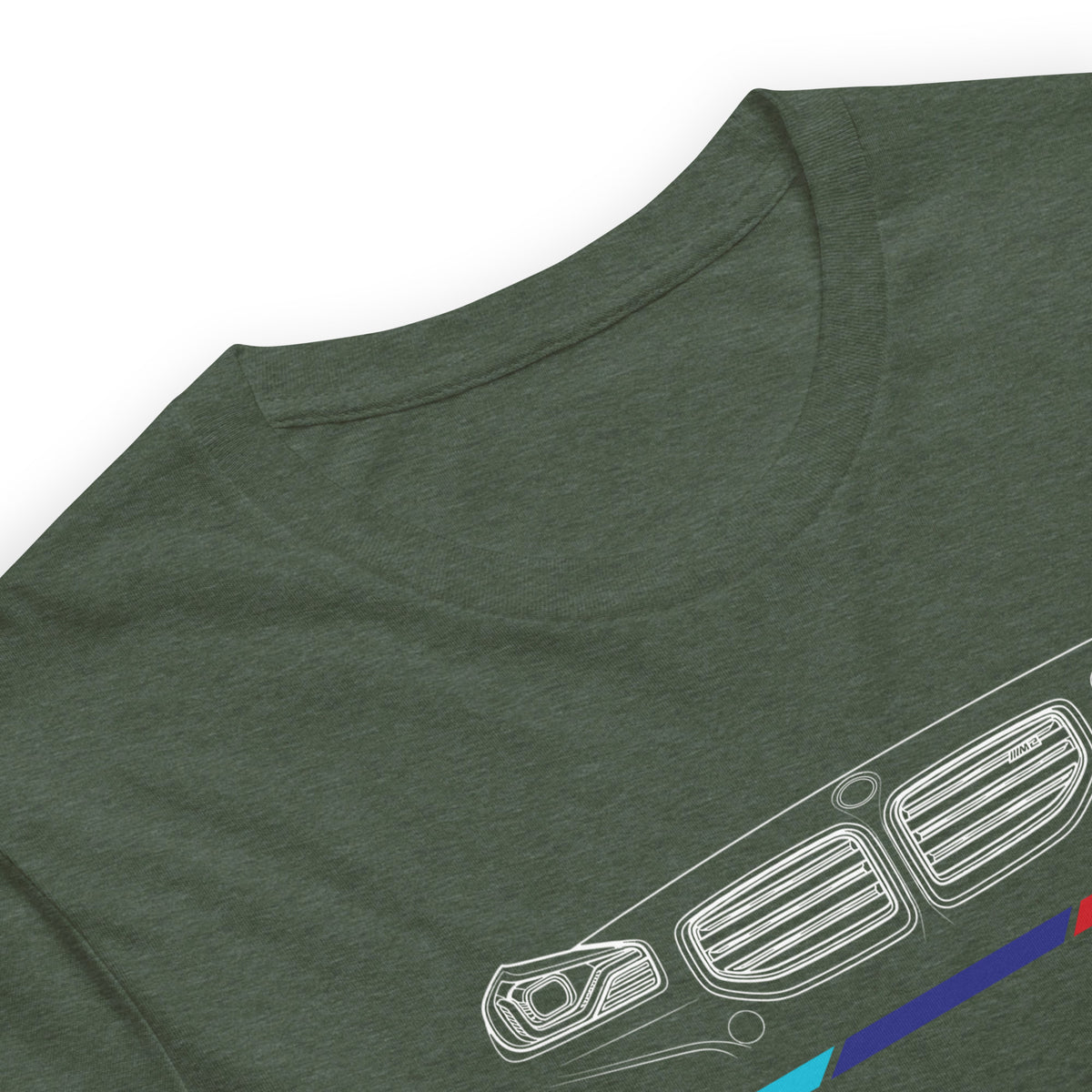 Twin Grille Tee — Tricolor Stripes graphic t-shirt, Heather Forest print detail — Marque automotive apparel