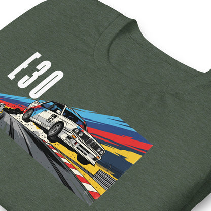 E30 Touring Car Tee — Group A Heritage graphic t-shirt, Heather Forest print detail (2) — Marque automotive apparel