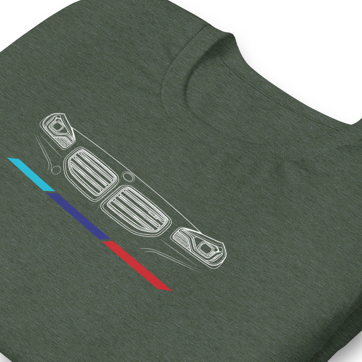 Twin Grille Tee — Tricolor Stripes graphic t-shirt, Heather Forest print detail (2) — Marque automotive apparel