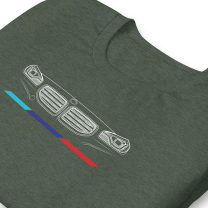 Twin Grille Tee — Tricolor Stripes graphic t-shirt, Heather Forest print detail (2) — Marque automotive apparel