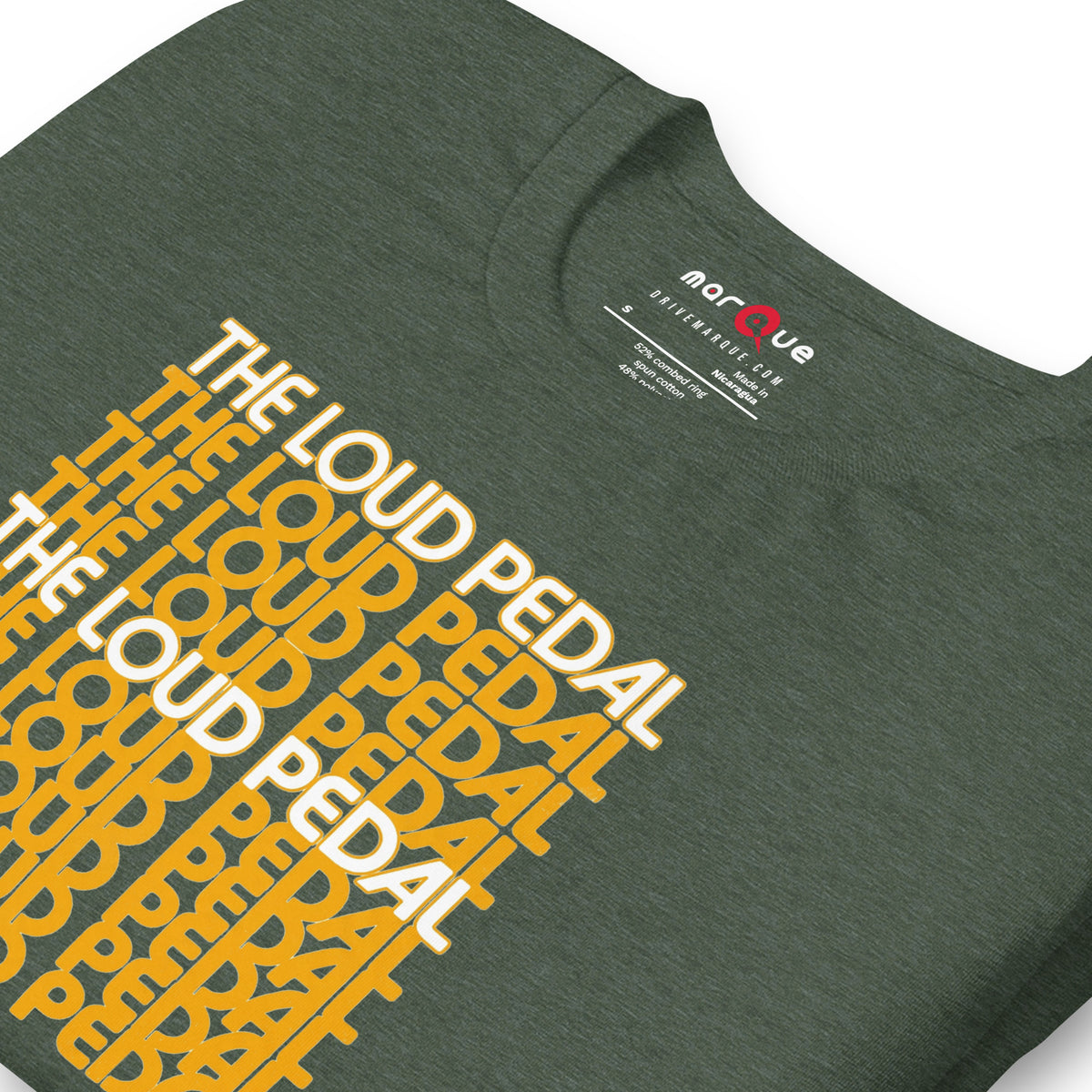 Loud Pedal Tee — Right Foot Down graphic t-shirt, Heather Forest print detail — Marque automotive apparel