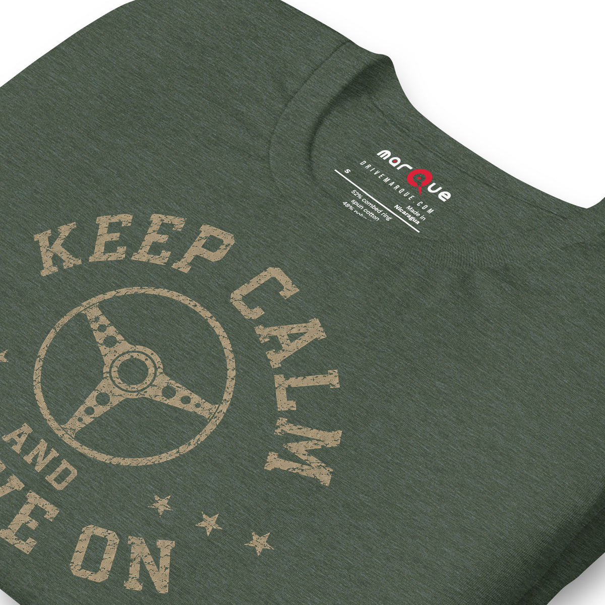Keep Calm and Drive On Tee, Heather Forest print detail — Marque automotive apparel
