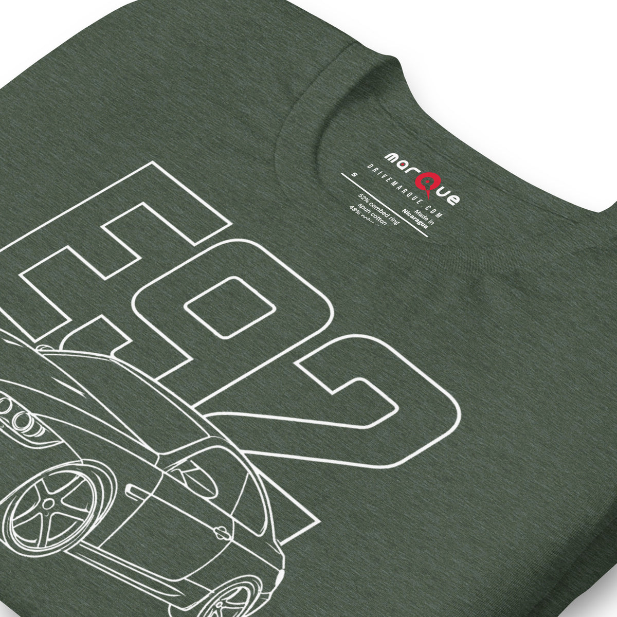 E92 Tee — Naturally Aspirated V8, Heather Forest print detail — outlined chassis numerals and quad tips, Marque automotive apparel