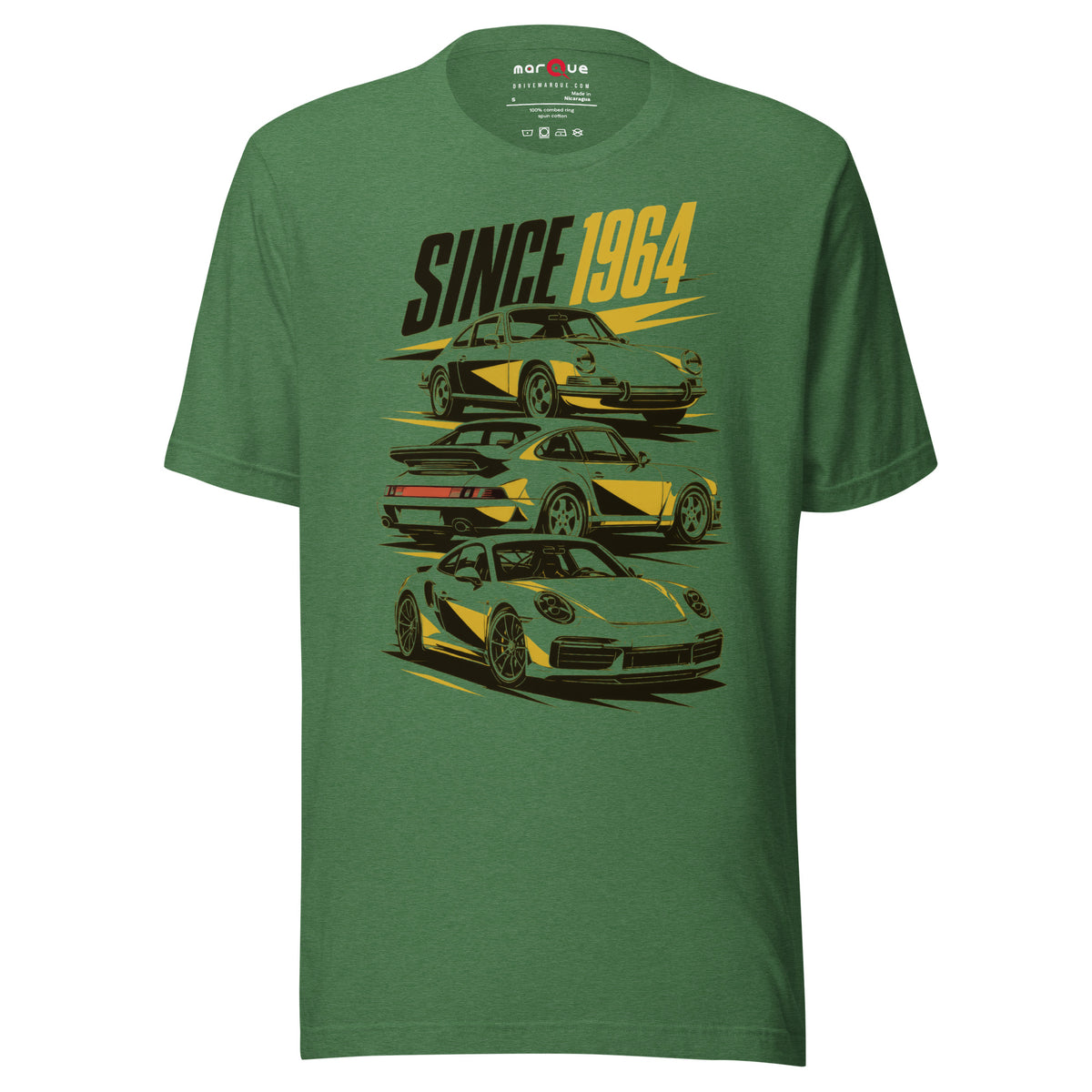 Stuttgart's Finest Since '64 t-shirt, Heather Grass Green front view — Marque automotive apparel