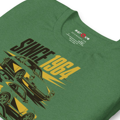 Stuttgart's Finest Since '64 t-shirt, Heather Grass Green print detail — Marque automotive apparel