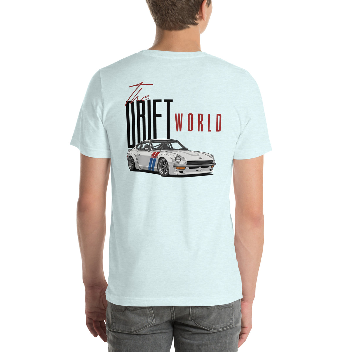 Drift World Z Tee — Rear-Drive Icon graphic t-shirt, Heather Ice Blue back view — Marque automotive apparel