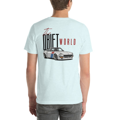 Drift World Z Tee — Rear-Drive Icon graphic t-shirt, Heather Ice Blue back view — Marque automotive apparel