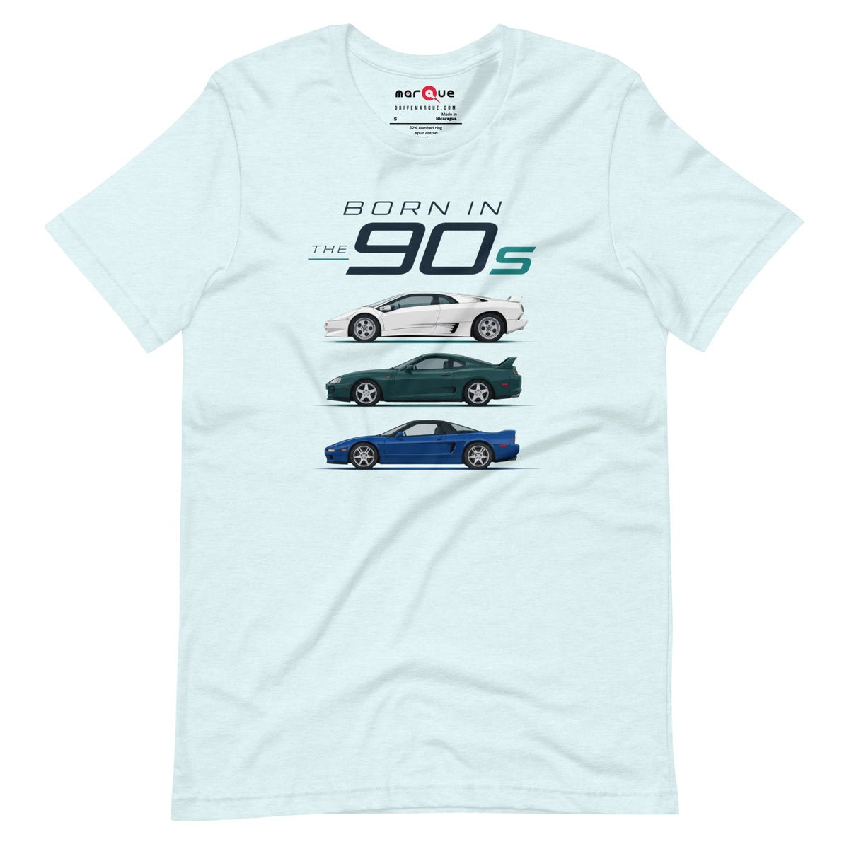 Born in the 90s tee, Heather Ice Blue front view — Marque automotive apparel