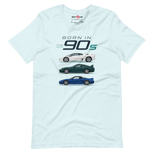 Born in the 90s tee, Heather Ice Blue front view — Marque automotive apparel