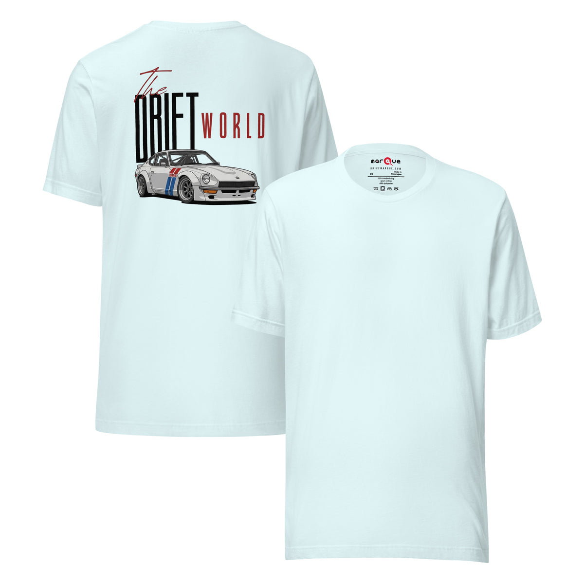 Drift World Z Tee — Rear-Drive Icon graphic t-shirt, Heather Ice Blue front and back — Marque automotive apparel
