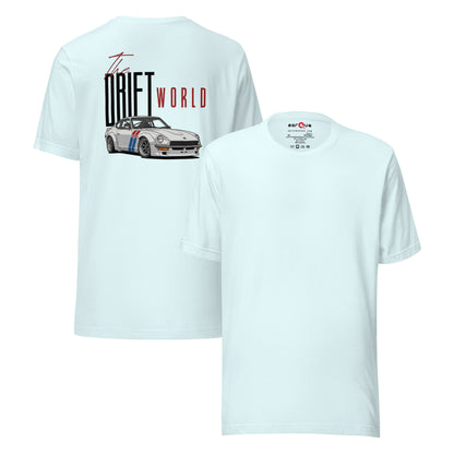 Drift World Z Tee — Rear-Drive Icon graphic t-shirt, Heather Ice Blue front and back — Marque automotive apparel