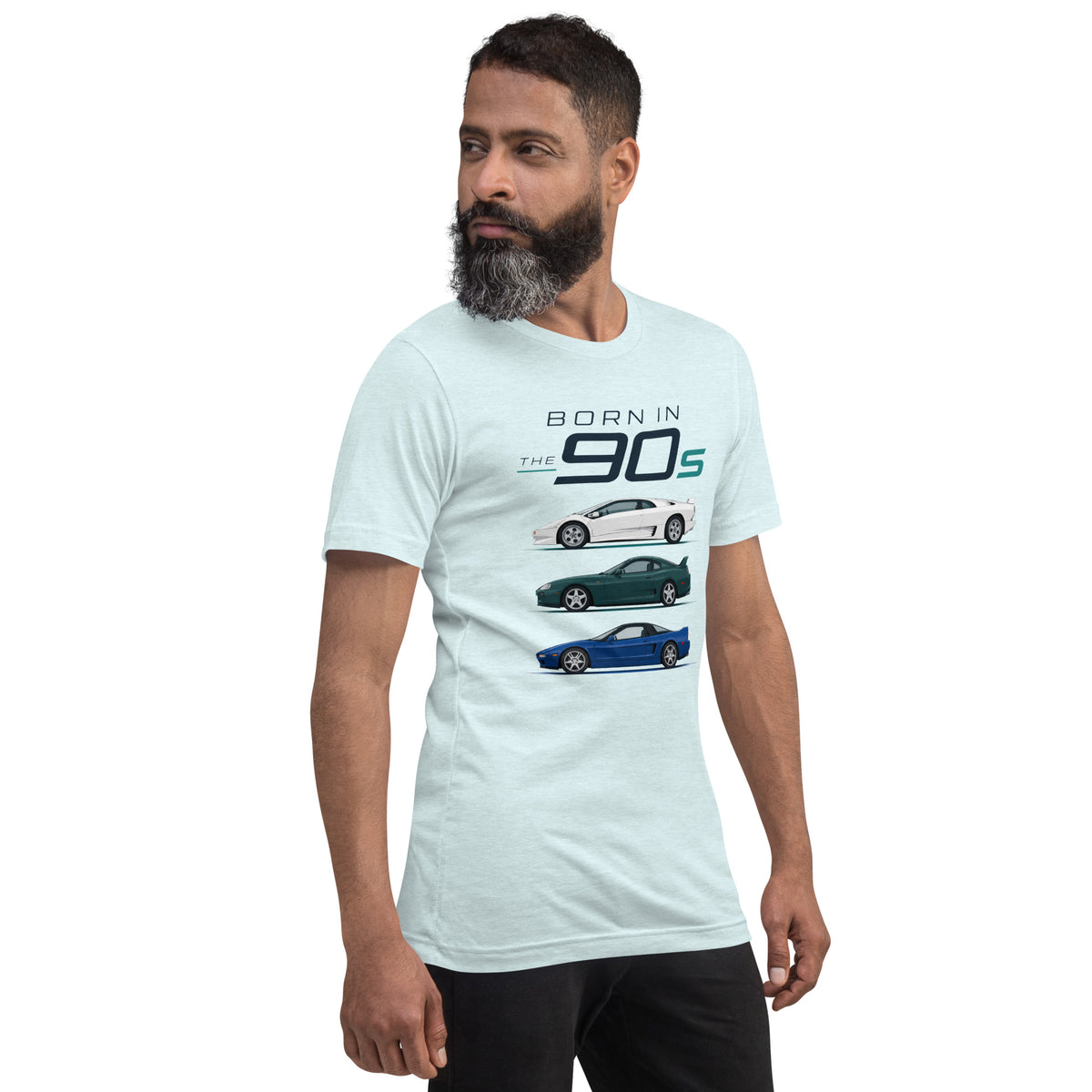Born in the 90s tee, Heather Ice Blue front view — Marque automotive apparel (2)