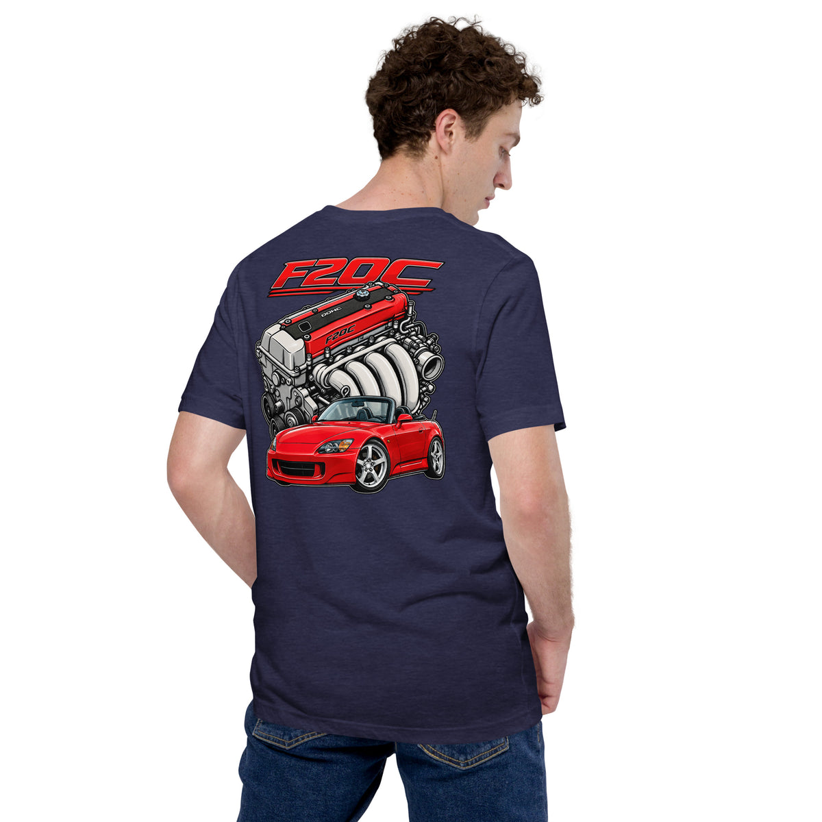F20C Redline Royalty Tee, Heather Midnight Navy back view — Marque automotive apparel