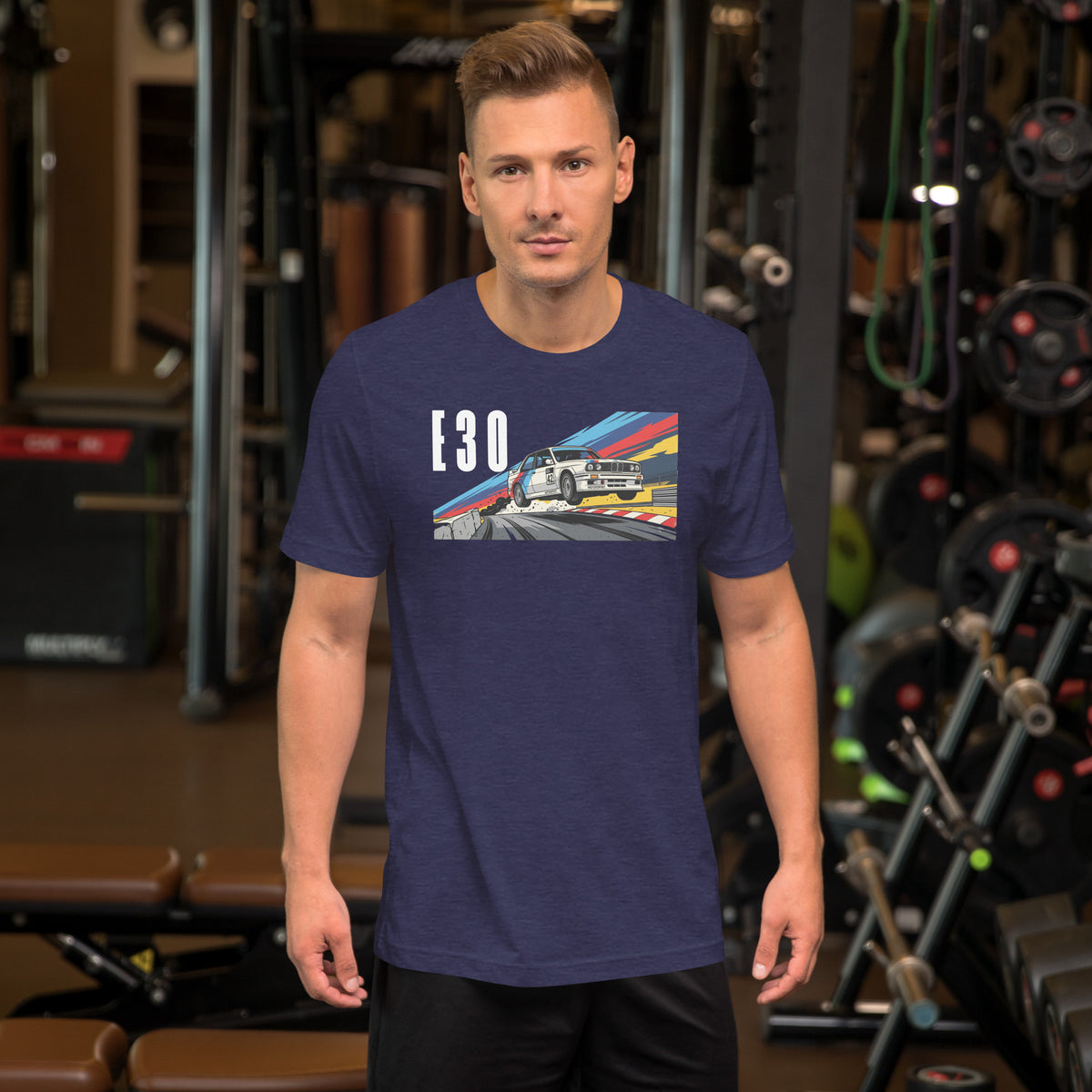 E30 Touring Car Tee — Group A Heritage graphic t-shirt, Heather Midnight Navy front view — Marque automotive apparel