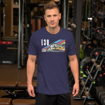 E30 Touring Car Tee — Group A Heritage graphic t-shirt, Heather Midnight Navy front view — Marque automotive apparel