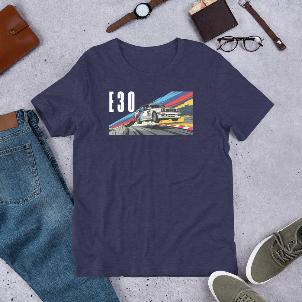 E30 Touring Car Tee — Group A Heritage graphic t-shirt, Heather Midnight Navy front view (2) — Marque automotive apparel