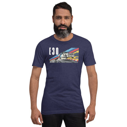 E30 Touring Car Tee — Group A Heritage graphic t-shirt, Heather Midnight Navy front view (3) — Marque automotive apparel