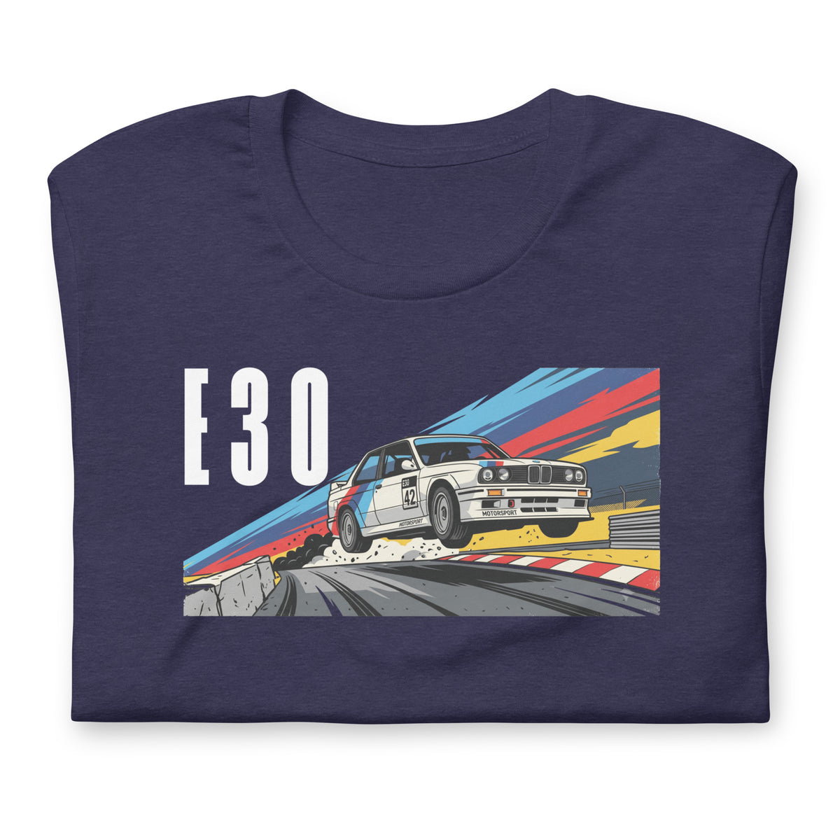 E30 Touring Car Tee — Group A Heritage graphic t-shirt, Heather Midnight Navy front view (4) — Marque automotive apparel