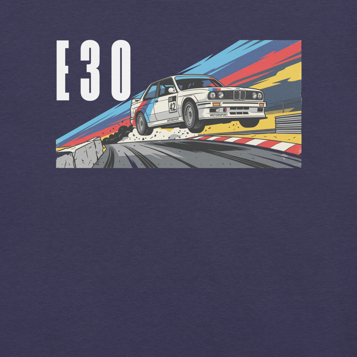 E30 Touring Car Tee — Group A Heritage graphic t-shirt, Heather Midnight Navy front view (5) — Marque automotive apparel